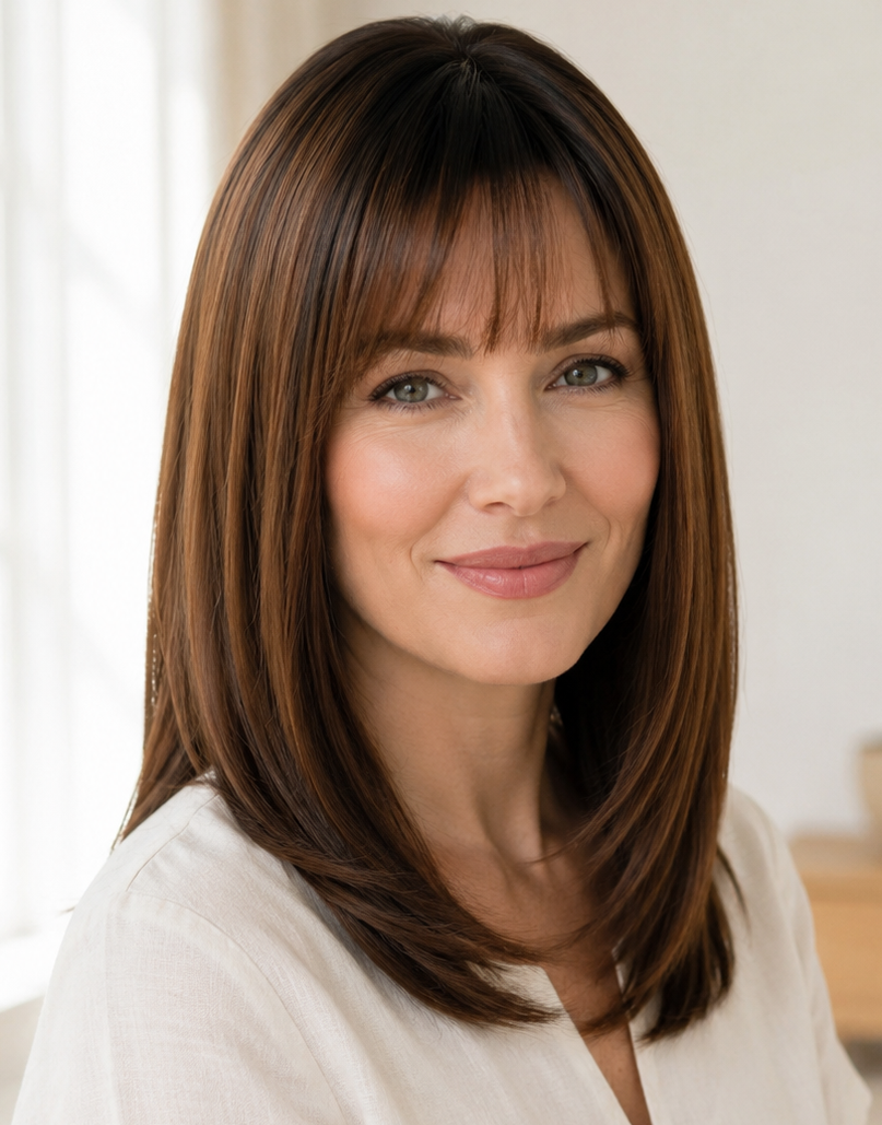 NOWA- Minimalist /Mono Lace Wig Ombre Brown Color Medium Length Layered Cut Curtain Bangs Wig