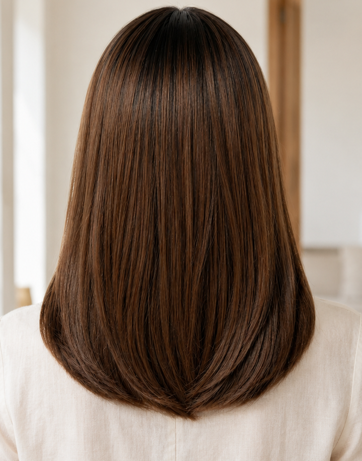 NOWA- Minimalist /Mono Lace Wig Ombre Brown Color Medium Length Layered Cut Curtain Bangs Wig