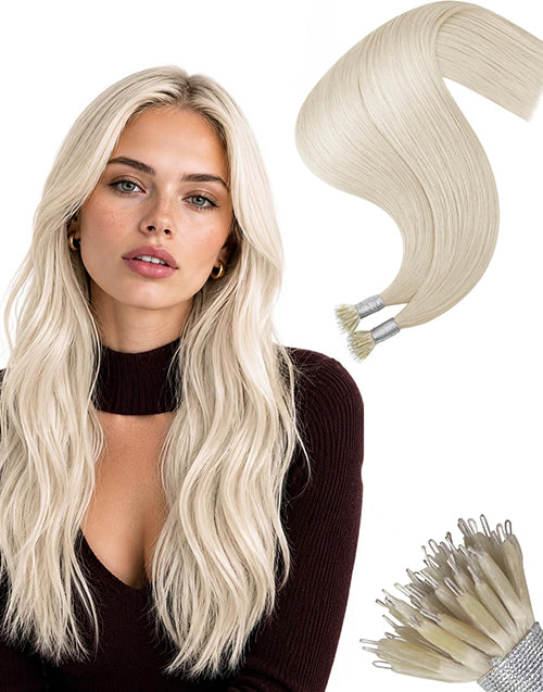 #60 Platinum Blonde Nano Hair Extensions Human Hair Nano Bead Extensions Seamless Blend With Blonde Hair 14-24 Inch