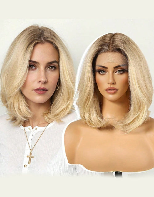 Nelly-13x6 Short Ombre Blonde Bob Wig With Dark Roots Glueless Human Hair Wigs