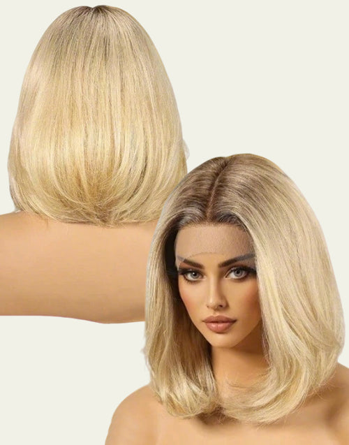 Nelly-13x6 Short Ombre Blonde Bob Wig With Dark Roots Glueless Human Hair Wigs