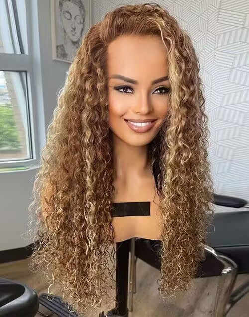 22" Highlight Honey Brown Water Wave Pre Cut 13x5 Lace Glueless Wig Flash Deal