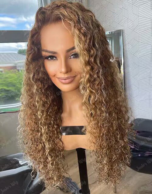 22" Highlight Honey Brown Water Wave Pre Cut 13x5 Lace Glueless Wig Flash Deal