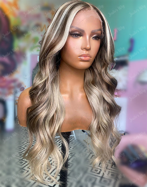 Fifi-Attractive Balayage Highlights Blonde Wavy 13x4 13x6 Frontal Human Hair Wig