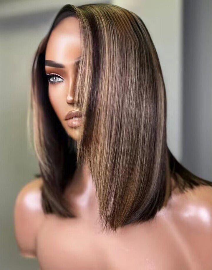 Valerie- Smart-Fit Pull Go Highlights Honey Short Asymmetric Bob Straight Layer Cut 13x5 Pre Cut Lace Wig Glueless Wig