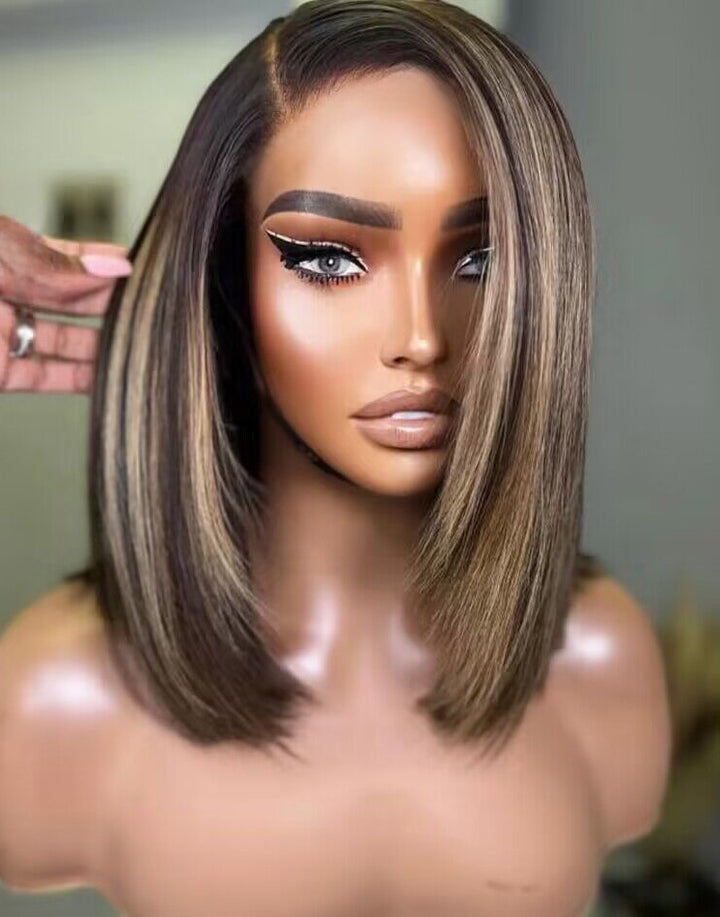 Valerie- Smart-Fit Pull Go Highlights Honey Short Asymmetric Bob Straight Layer Cut 13x5 Pre Cut Lace Wig Glueless Wig
