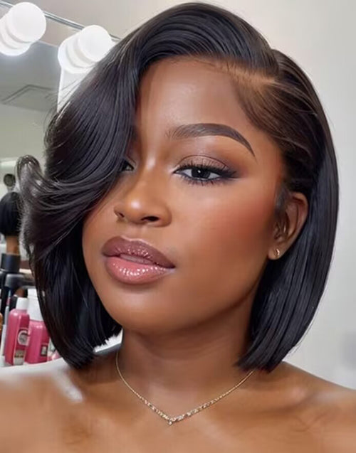 Evelyn- Layered Cut Straight Bob With Sideswept Bangs Glueless 13x5 Pre Cut Lace Front Wig Human Hair