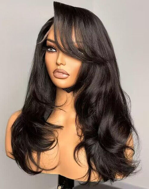 Martina- Layered Cut Glueless Wig With Curtain Bangs Loose Wavy Pre Cut 13x5 Lace Frontal Wig Human Hair