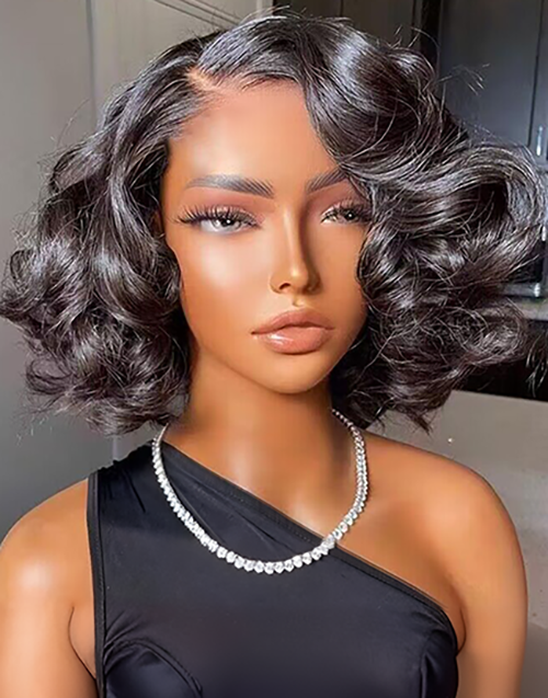 Gail- Short Loose Wavy Bob 5x5 Pre Cut Lace Wig Glueless Human Hair Wig Natural Black