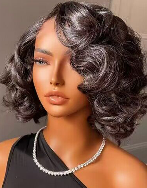 Gail- Short Loose Wavy Bob 5x5 Pre Cut Lace Wig Glueless Human Hair Wig Natural Black