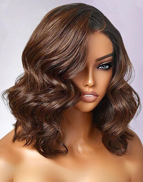 Ombre Brown Short Bob Loose Wave 13x5 Lace Frontal Glueless Human Hair Wig Pre Cut Lace