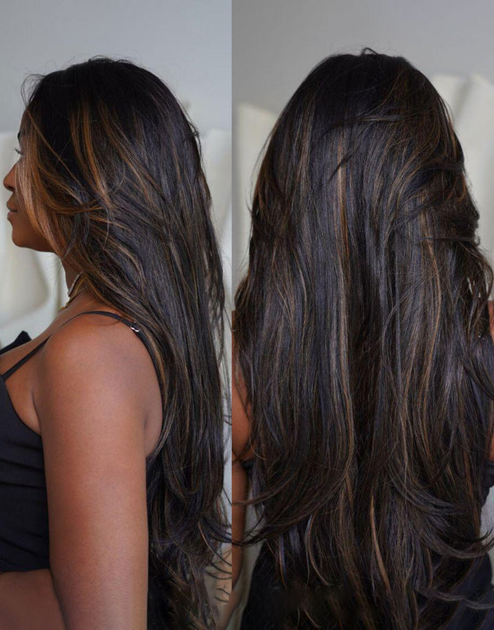 16" 20" 24" Brown Highlight Wavy Layer Cut Wig 7x5 Pre Cut Lace Human Hair Flash Deal