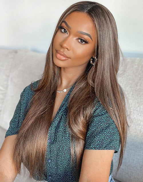 Jelena-Straight Ash Blonde Highlight Brown Human Hair 13X4 Lace Front Wig