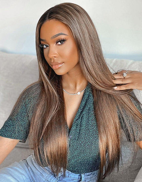 Jelena-Straight Ash Blonde Highlight Brown Human Hair 13X4 Lace Front Wig