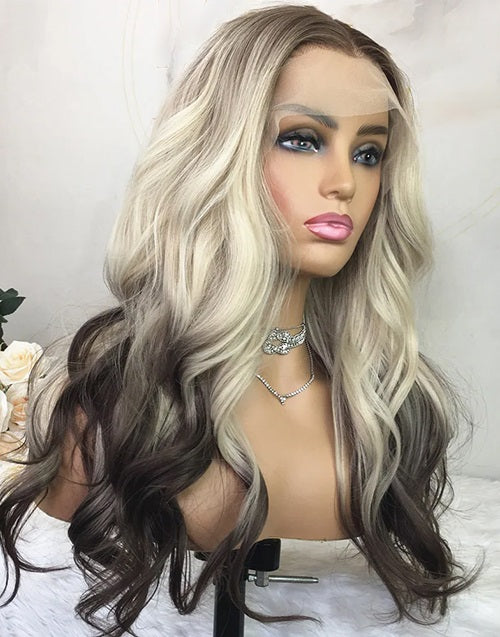 16” Ombre Blonde With Brown Roots Natural Wave 13x4 Lace Front Wig Flash Deal