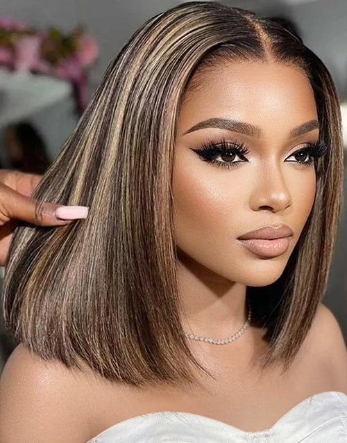 Alisha- Golden Highlights Straight Bob Wig Human Hair Glueless 13x5 Pre Everything Wig