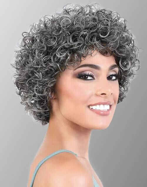 Stephanie- Salt & Pepper Curly Pixie Cut Bob Wig With Bangs for Older Women/Mom/Grandmother Daily Use