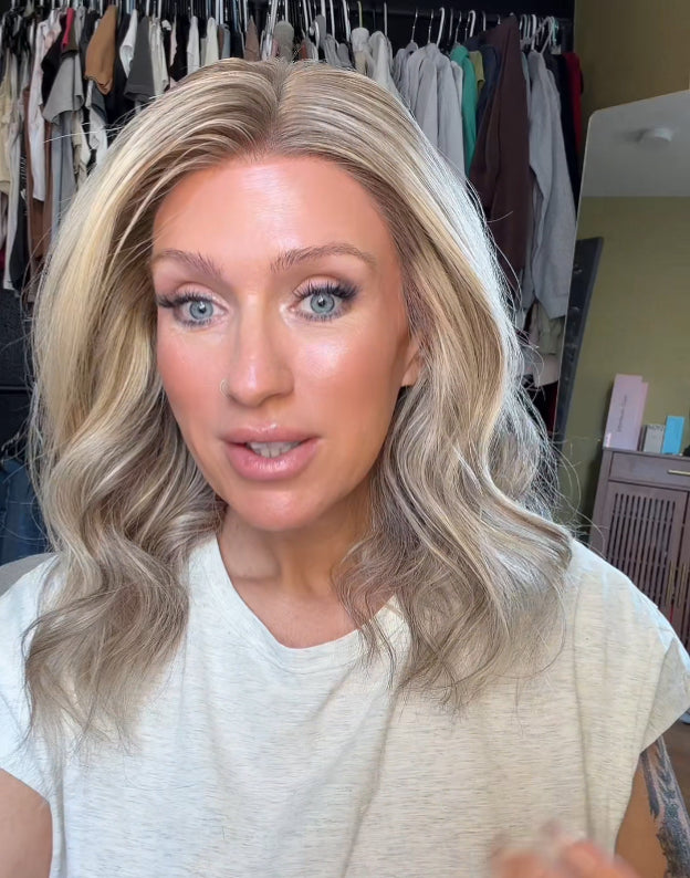 Real customer wearing Jessie's Wig ash blonde balayage glueless lace wig with natural hairline.