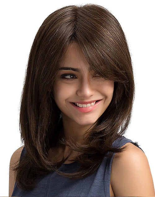 Annie- True-hold Cap Medium Length Dark Brown Color Layered Cut 13x4 Glueless Lace Front Wigs