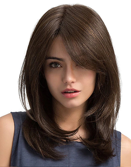 Annie- True-hold Cap Medium Length Dark Brown Color Layered Cut 13x4 Glueless Lace Front Wigs