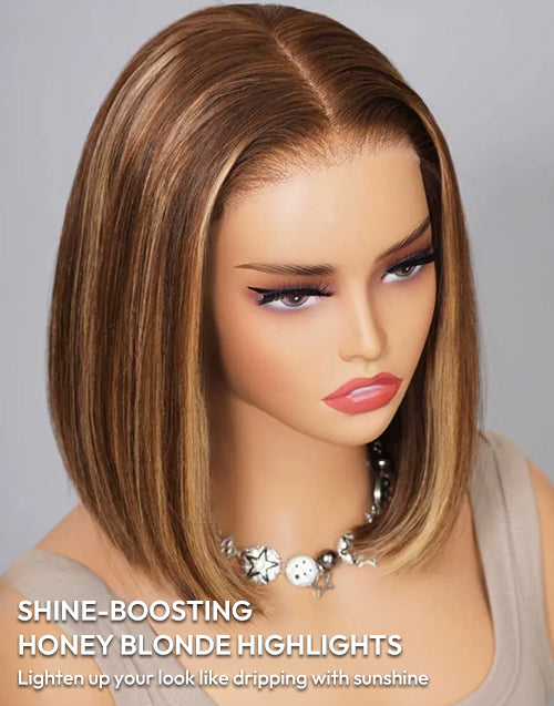 Tanisha- Highlight Honey Brown Straight Bob Wig Blunt Cut Glueless Pre Cut Lace Wig