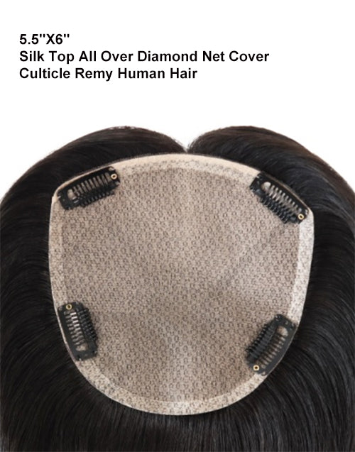 5.5"X6" Clip In Human Hair Topper With Silk Top All Over Diamond Net Cover 14-16 Inch