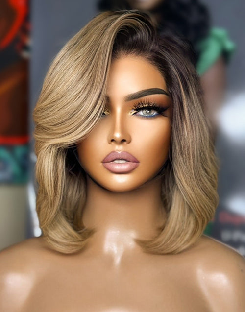 Kitty- Gluless Pull Go Ombre Honey Blonde Bob With Side Swept Fringe Bangs Shoulder Length Wig With Layers