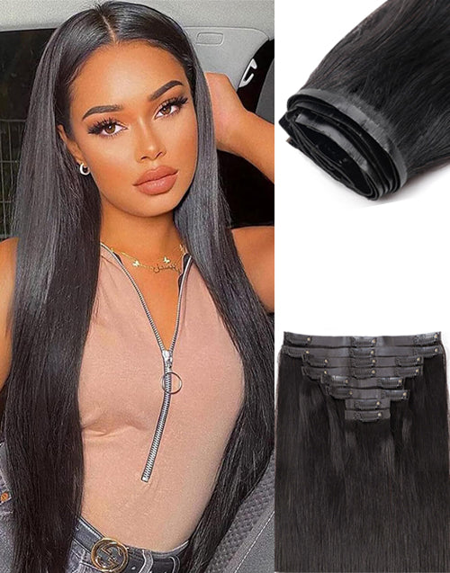Seamless Clip in Human Hair Hair Extensions Ultra-thin PU Weft Straight Natural Black 7Pcs