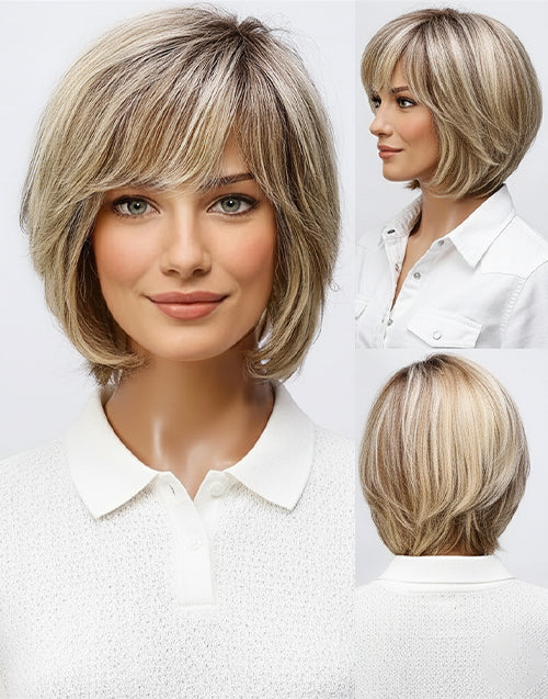Sleek-Minimalist Lace Wig 100% Human Hair Short Pixie Cut Layered Ombre Ash Blonde Bob Wig