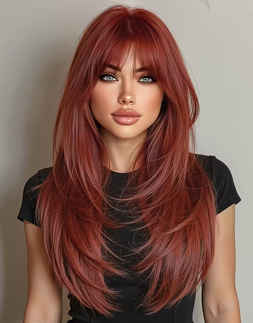 Sweet-7X5 Copper Brown Layered European Remy Human Hair Wigs With Bangs