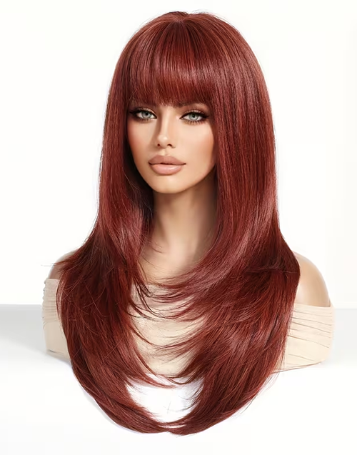 Sweet-7X5 Copper Brown Layered European Remy Human Hair Wigs With Bangs