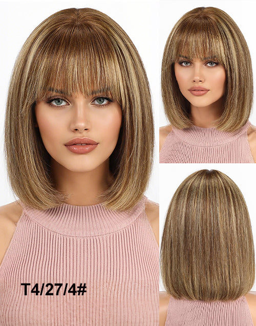 12" Ombre Ash Blonde Brown Bob Wig With Bangs 5x5 Lace Wig Flash Deal