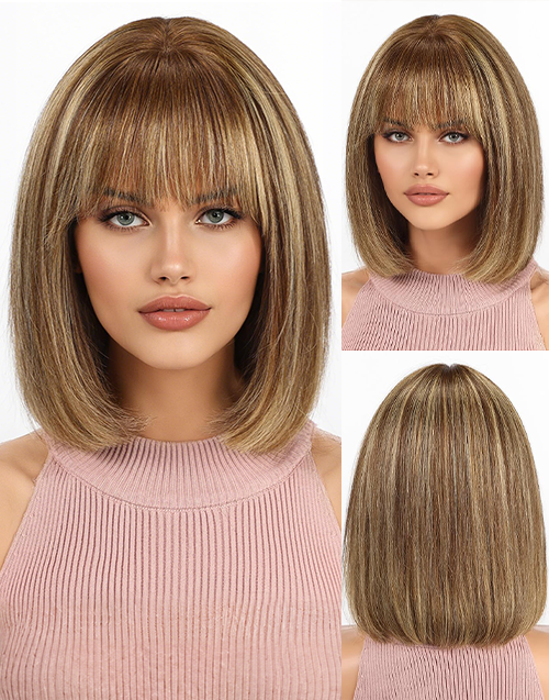 Amara -Ombre Ash Blonde Brown Bob Wig With Bangs 5x5 Lace Closure Wig
