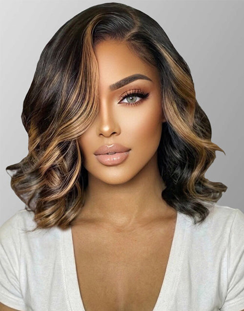 Blake- Side Part Collarbone Cut Wavy Bob Wig Highlight Honey Blonde Human Hair Glueless Wig