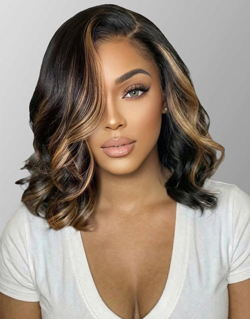 Blake- Side Part Collarbone Cut Wavy Bob Wig Highlight Honey Blonde Human Hair Glueless Wig