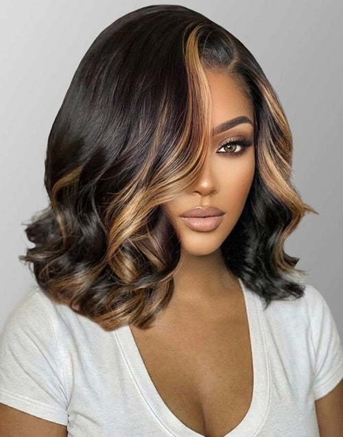 14"  Highlight Honey Wavy Bob Wig 7x5 Pre Cut Lace Human Hair Glueless Wig Flash Deal