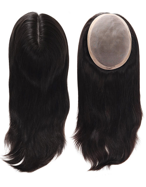 16 Inch Natural Black Mono Base Human Hair Topper Silky Straight Top Pieces