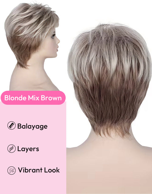 Dacie- Pixie Cut Brown Mixed Blonde Wig With Bangs No Lace Natural Soft Wigs Human Hair