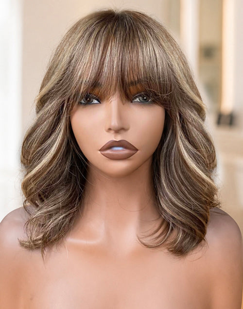 Vesper- Highlight Honey Brown Wavy Bob Wig With Bangs For Women 100% Human Hair