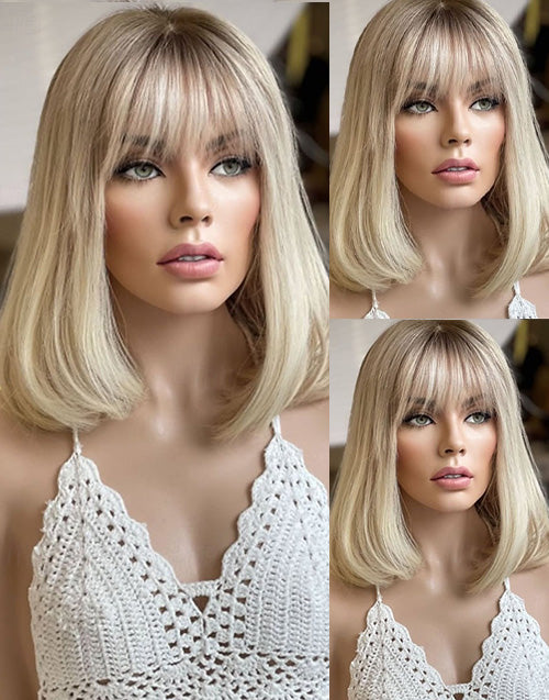 Winnie-Ombre Blonde Bob Wig With Dark Roots Minimalist Lace Wig With Bangs