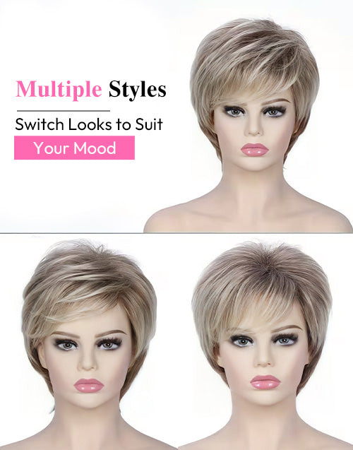 Dacie- Pixie Cut Brown Mixed Blonde Wig With Bangs No Lace Natural Soft Wigs Human Hair