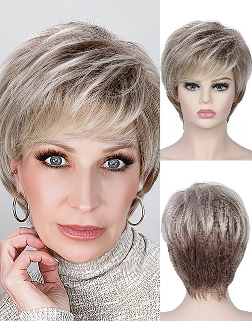 Dacie- Pixie Cut Brown Mixed Blonde Wig With Bangs No Lace Natural Soft Wigs Human Hair