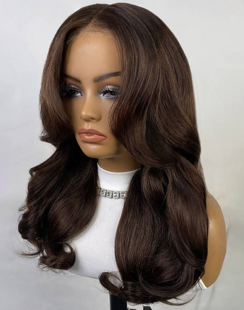 Chesnut Brown Wavy Layer Cut Glueless Wig With Curtain Bangs Pre Cut 9x6 Lace Human Hair