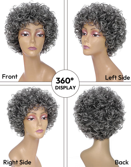 Stephanie- Salt & Pepper Curly Pixie Cut Bob Wig With Bangs for Older Women/Mom/Grandmother Daily Use