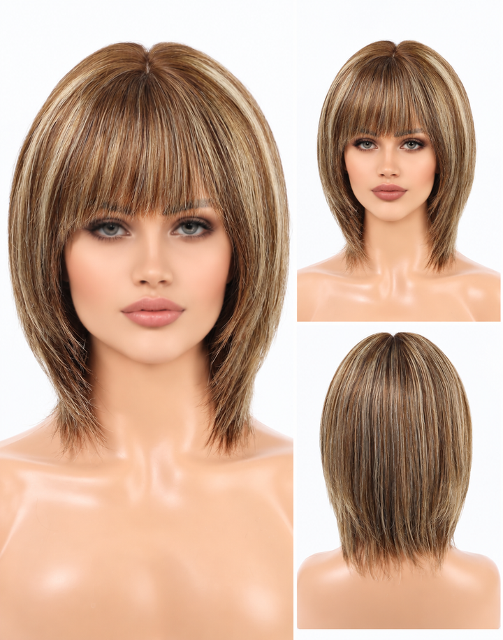 Zuza- Glueless Brown Mixed Blonde Straight Layered Cut Bob Wig With Bangs 5.5x5.5 Wig For Women