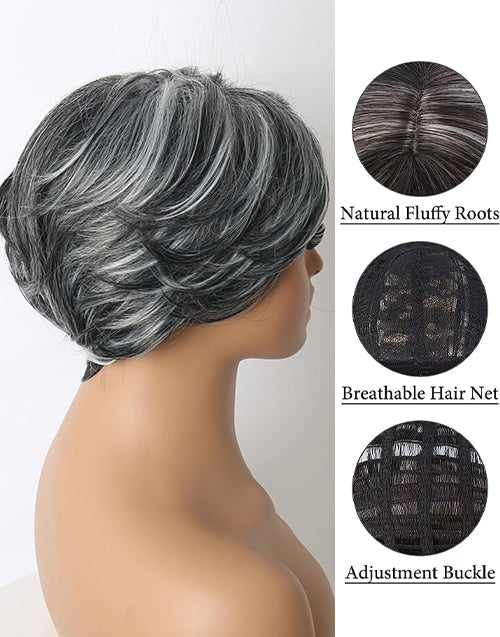 Mag- Highlight Sliver Ombre Grey Wavy Layered Bob Wig With Curtain Bangs Pixie Cut Wig for Women