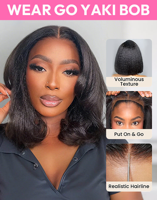 6x5 Glueless Pull Go Kinky Straight Bob Pre Cut Lace Wig All Head Size Friendly