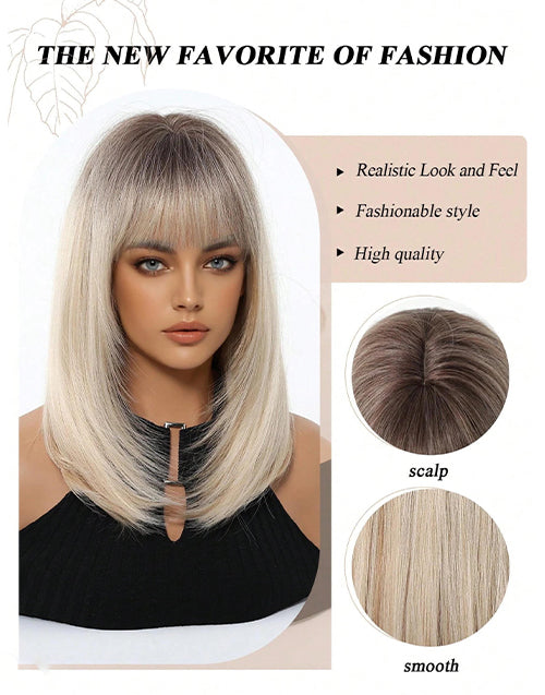 Meagan- Ombre Blonde Straight Layered Wig With Bangs Dark Roots Airy Fringe Shoulder Length For Women