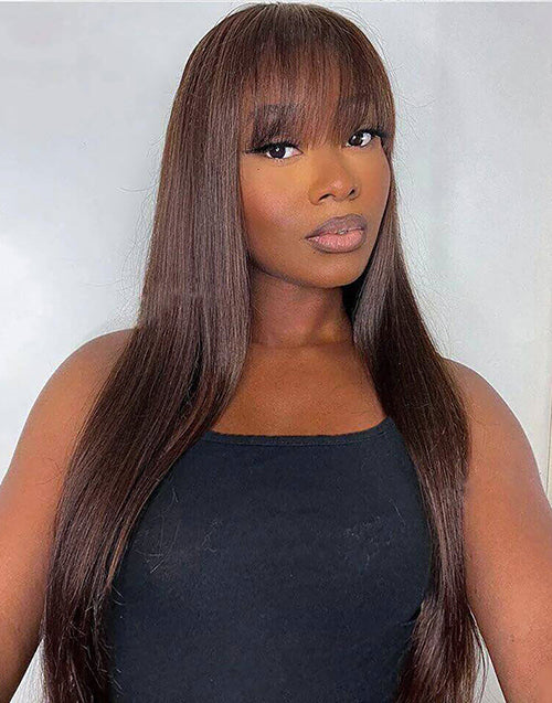 Sabina- Straight 13x5 Pre Everything Wig With Bangs Natural Black/Brown Glueless Human Hair Wig
