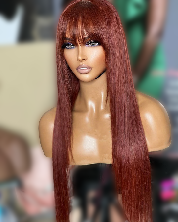 20" Red Brown Straight Layer Cut Wig With Bangs Pre Cut Lace Flash Deal